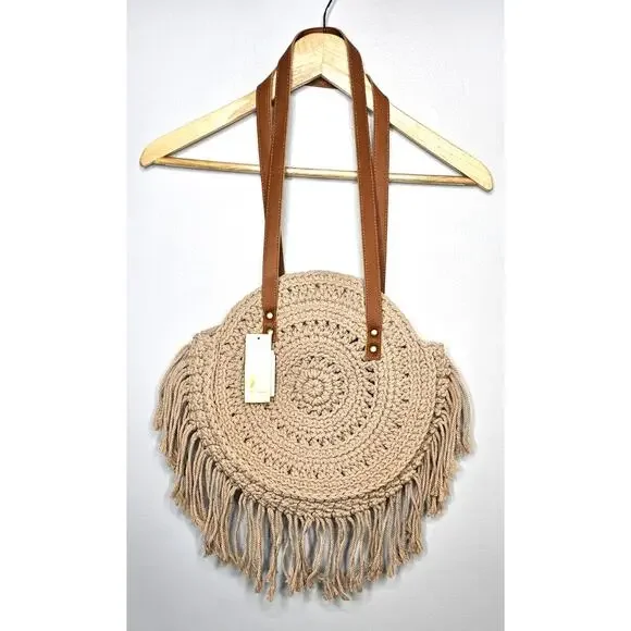 Collection Eighteen Handbag Beige Crochet Boho Shoulder Bag Fringe Woven Boho - Picture 1 of 11